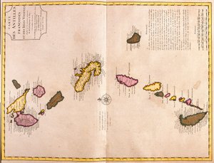 Kartor över de karibiska öarna (Guadeloupe, Marie Galante, Dominica, Martinique, Saint Lucia, Saint Vincent, Barbados, Grenadinerna och Grenada) (etsning av Guillaume Delisle