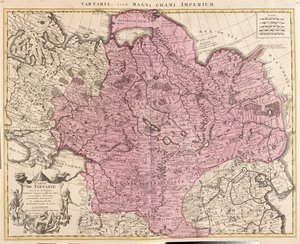 Ryssland, Kazakstan, Uzbekistan, Kirgizistan, Tadzjikistan, stora delar av Kina (utom sydöstra delen), Mongoliet av Guillaume Delisle