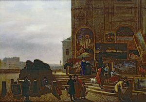 Säljer tavlor utanför Institut de France, 1837 av Guillaume Frederic Ronmy