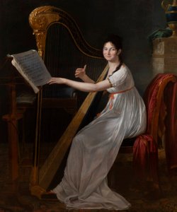 Porträtt av Adèle Papin som spelar harpa
