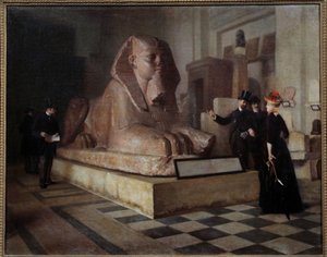 Egyptian Hall of the Louvren Besökare framför Grand Sphinx. Målning av Guillaume Larrue (1851-1935) av Guillaume Larrue