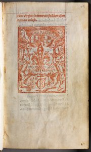 Tryckt timbok (användning av Rom): fol. 1r, tryckmärke av Guillaume Le Rouge
