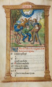 Tryckt timbok (användning av Rom): fol. 4v, mars kalenderillustration av Guillaume Le Rouge
