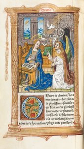 Tryckt timbok (användning i Rom): fol. 60v, Bebådelsen av Guillaume Le Rouge