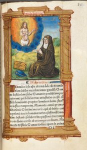 Tryckt timbok (Roms bruk): fol. 90r, Heliga Birgitta i bön inför en uppenbarelse av Kristus av Guillaume Le Rouge