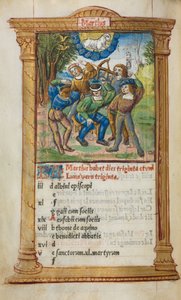 Tryckt timbok Användning av Rom: fol. 4v, mars kalenderillustration, 1510. av Guillaume Le Rouge