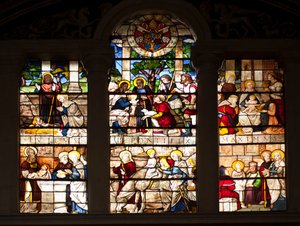 Avsnitt av Jesus Life Stained Glass av William av Marcillat (1470-1529) 1509 Choir of the Basilica Santa Maria del Popolo, Rom av Guillaume de  Marcillat