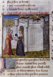 En galant scen mellan två älskare: flickan bjuder in sin älskare att komma in. Miniatyr från "" Le Romanesque de la Rose "" av Guillaume de Lorris