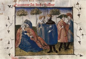 En galant scen av hovmän, miniatyr i "Roman de la Rose" av Guillaume Lorris