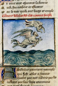"" Dedale och Icarus "" (Icarus och Daedalus) För att fly till Minos pressar Dedale sin son Icarus att flyga iväg tack vare hans vaxvingar. Miniatyr av Guillaume Lorris från manuskriptet "" The Roman of the Rose ""