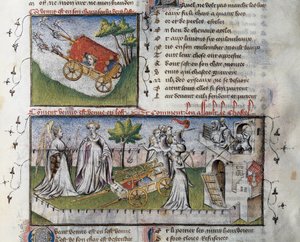 Hur Venus anländer och stormade slottet byggt av svartsjuka, Miniatyr av Guillaume Lorris från manuskriptet Le Romanesque de la Rose,