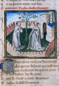 Representation av ett par älskare nära en ros, miniatyr i "Roman de la Rose"