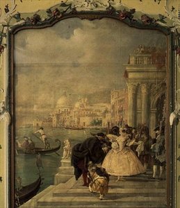 Maskerad dam framför Salute, Venedig av Guiseppe Ponga