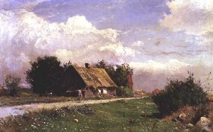 Ett skogslandskap med figurer vid en stuga av Gustaf Fredrik Rydberg