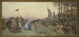 Saint Anchaire (Anchaire de Breme, Oscar ou Ansgar, 801-865) prechant le christianisme - Ansgar Preaching Christianity, av Cederstroem, Gustaf (1845-1933). Olja på duk