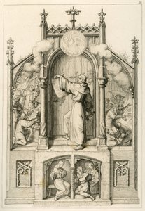 Luther vill inte ge avlat, till vänster: Johann Tetzel (1465-1519) bränner Luthers papper, huvudbilden: Luther hänger upp sina 95 teser på kyrkdörren i Wittenberg, till höger: studenter av universitetet i Wittenberg brinner av Gustav Ferdinand Leopold Konig