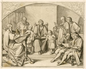 Luthers introduktion av tyska protestantiska religiösa psalmer tillsammans med sina barn och vänner under ledning av Johannes Walther (1496-1570) av Gustav Ferdinand Leopold Konig