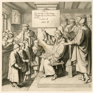 Martin Luther i skolan med många barn, eftersom religionslektionerna är väldigt viktiga för honom, till höger några lärare