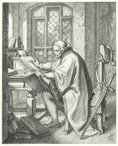Martin Luther börjar översättningen av Bibeln på slottet Wartburg (gravyr)