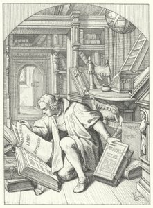 Martin Luther upptäcker en latinsk bibel i biblioteket vid Erfurt University (gravyr) av Gustav Ferdinand Leopold Konig