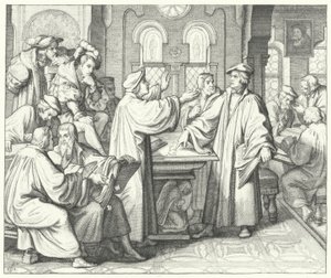 Martin Luther diskuterar sakramentet med Huldrych Zwingli (gravyr) av Gustav Ferdinand Leopold Konig