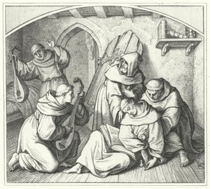 Martin Luther svimmar med en bibel i handen och hans vänner tar honom tillbaka till sansen (gravyr) av Gustav Ferdinand Leopold Konig