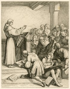 Martin Luther föreläser på universitetet i Wittenberg, framför honom vicekanslern doktor Pollich och hans fadersvän Johann von Staupitz (1460-1524) av Gustav Ferdinand Leopold Konig