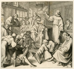 Martin Luther i diskussion med Dr. Johannes Eck (Johann Maier von Eck) (1486-1543), på Luthers sida finns Philipp Melanchthon (1497-1560) och Karlstadt (Andreas Rudolf Bodenstein von Karlstadt av Gustav Ferdinand Leopold Konig