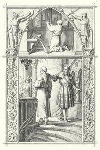Martin Luther i bön när han förbereder sig för Worms diet (överst). Georg von Frundsberg ger uppmuntran till Martin Luther (nederst) (gravyr) av Gustav Ferdinand Leopold Konig