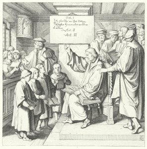Martin Luther introducerar katekesen för skolbarn (gravyr) av Gustav Ferdinand Leopold Konig