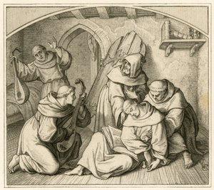 Martin Luther är medvetslös i sin klostercell, tillsammans med andra munkar som spelar lut av Gustav Ferdinand Leopold Konig