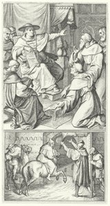 Martin Luther lämnar påvens legat i Wittenberg, Thomas Cajetan (överst). Martin Luther lämnar staden Augsburg (nederst) (gravyr) av Gustav Ferdinand Leopold Konig