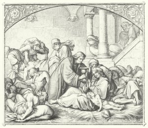Martin Luther erbjuder tröst till de som lider av pesten (gravyr) av Gustav Ferdinand Leopold Konig