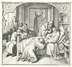 Martin Luther ber vid Philip Melanchthons dödsbädd (gravyr) av Gustav Ferdinand Leopold Konig