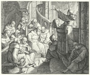 Martin Luther predikar för Johann von Staupitz och de andra munkarna i klostret (gravyr)