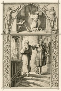 Martin Luther förbereder sig genom en bön för mötet med kejsaren (bild ovan) ; huvudbild : Luther möter riddaren George (Georg) von Frundsberg (Jorg von Fronsberg, Freundsbergin av Gustav Ferdinand Leopold Konig