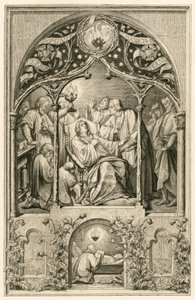 Martin Luthers död, Luther två söner, knäböjande framför sin far, dr Justus Jonas säger sista orden, bakom dem Michael Coelius som ber, Johannes Aurifaber med en kandelaber, läkaren Simon Wild med medicin och till höger greve Albr av Gustav Ferdinand Leopold Konig