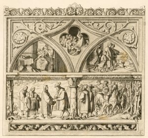 Martin Luthers resa till greve Mansfeld (Hoyer VI av Mansfeld-Vorderort (1477-1540); bild uppe till vänster: den sorgsna Katharina, i mitten: rage Saalefloden, till höger: Luther tillsammans med sina söner bild nere: Luther och greve av Gustav Ferdinand Leopold Konig