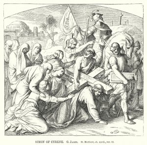 Simon av Cyrene, St Matteus, kap xxvii, ver 32 (gravyr) av Gustav Jager