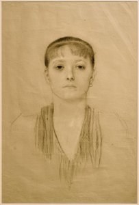 Porträtt av en flicka i halvlängd från framsidan av Gustav Klimt