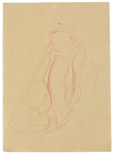 Kostymstudie med händerna knäppta, repetition av höger sida, ca 1903-04 (färgad vaxkrita och blyerts på buffrat papper) av Gustav Klimt
