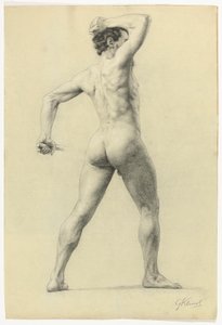 Manlig nakenbild bakifrån, ca 1880 (blyerts överstruken med vit krita på papper) av Gustav Klimt