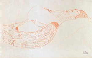 Liggande halvnaken (onanerar), 1912-13 (sanguine på papper)