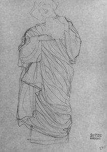 Klädd stående kvinna håller kort, (penna på brunt papper) av Gustav Klimt