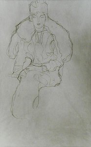 Sittande kvinna med pälslinda och huvudbonad av Gustav Klimt