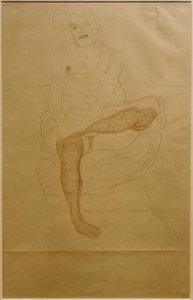 Sittande kvinna halvnaken framifrån av Gustav Klimt
