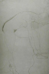 Stående naken med upphöjda ben, ca 1907 (penna på japanskt papper) (s/v foto) av Gustav Klimt
