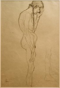 Stående gammal kvinna i profil till höger, benstudie av Gustav Klimt