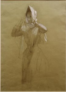 Stående ung kvinna som slår in en huvudduk av Gustav Klimt