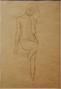 Stående kvinnlig naken med upphöjt höger ben av Gustav Klimt